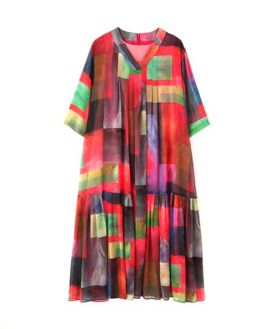 アブストラクトブロッキングプリントワンピース