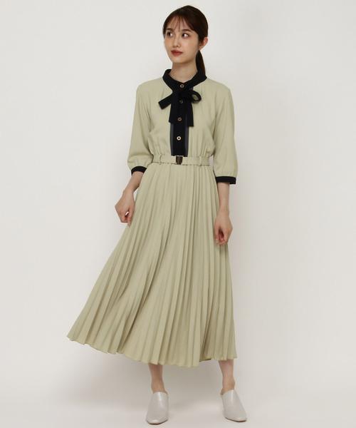 ７分袖ボウタイバイカラープリーツワンピ O レディースファッション 阪急百貨店公式通販 Hankyu Fashion