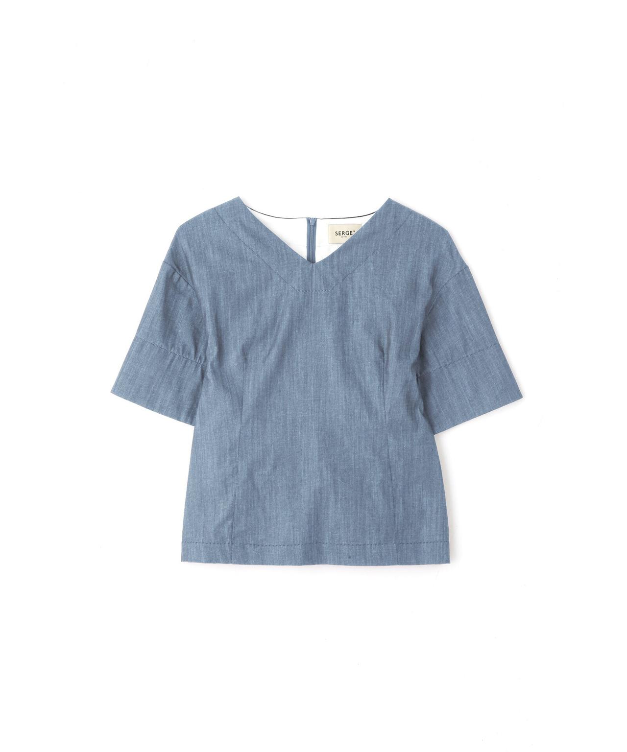美品＊アドーア コットンシャンブレーブラウス38 Vネック 半袖 日本製 サージ SERGE de bleu x ADORE コットンシャンブレーブラウス